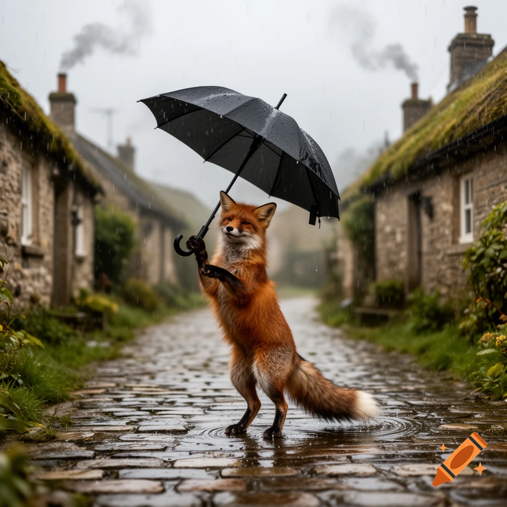 A photorealistic fox stands on its hind legs, holding a black umbrella over its head in a cobblestone village street during the rain.