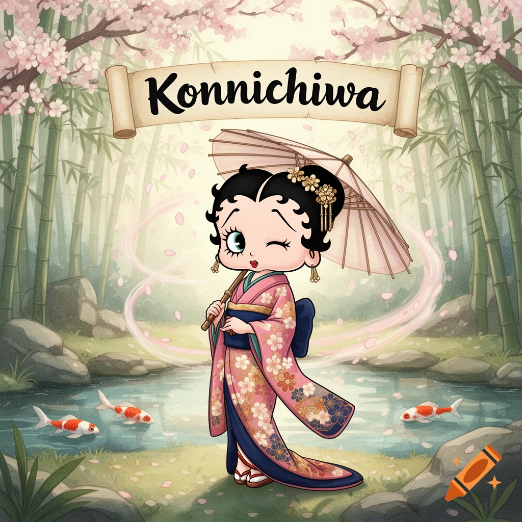 Cartoon Betty Boop in a kimono, winking and holding an umbrella, stands by a pond with koi fish and cherry blossoms. A 'Konnichiwa' banner is above her.
