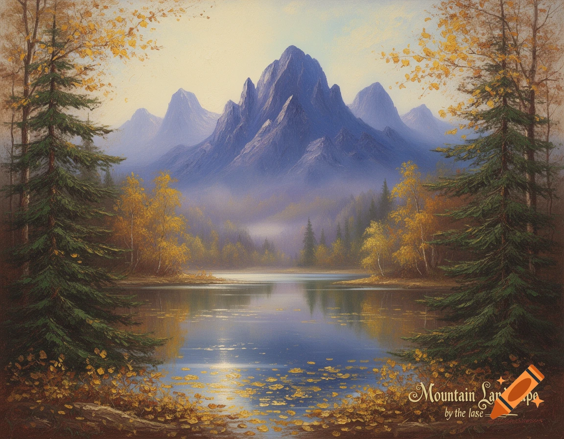 Vintage oil painting of a serene mountain landscape with a deep blue lake reflecting the sky, framed by pine and autumn trees with golden leaves.