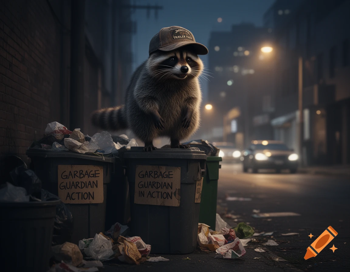 A photorealistic raccoon wearing a baseball cap stands on a stack of garbage bins in a dark city alley at night, surrounded by trash.