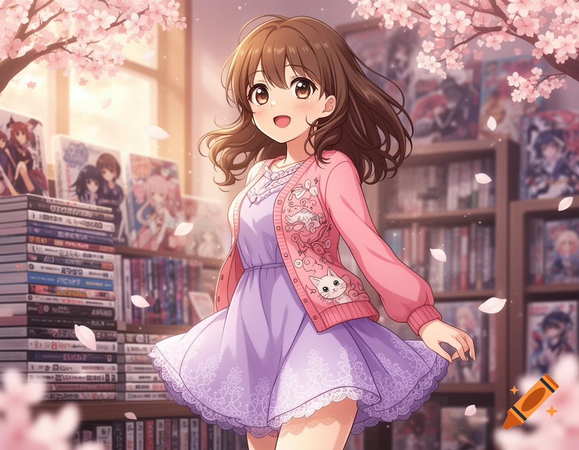 Smiling anime girl with brown hair in pink cat cardigan and purple dress in a cherry blossom-filled library.
