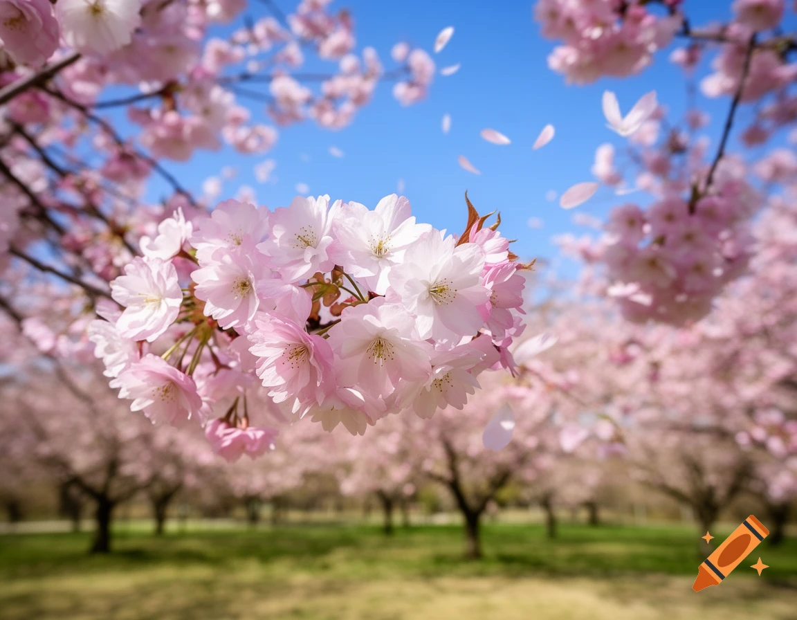 Close-up of pink cherry blossoms with more trees and falling petals in the background under a blue sky, photorealistic.