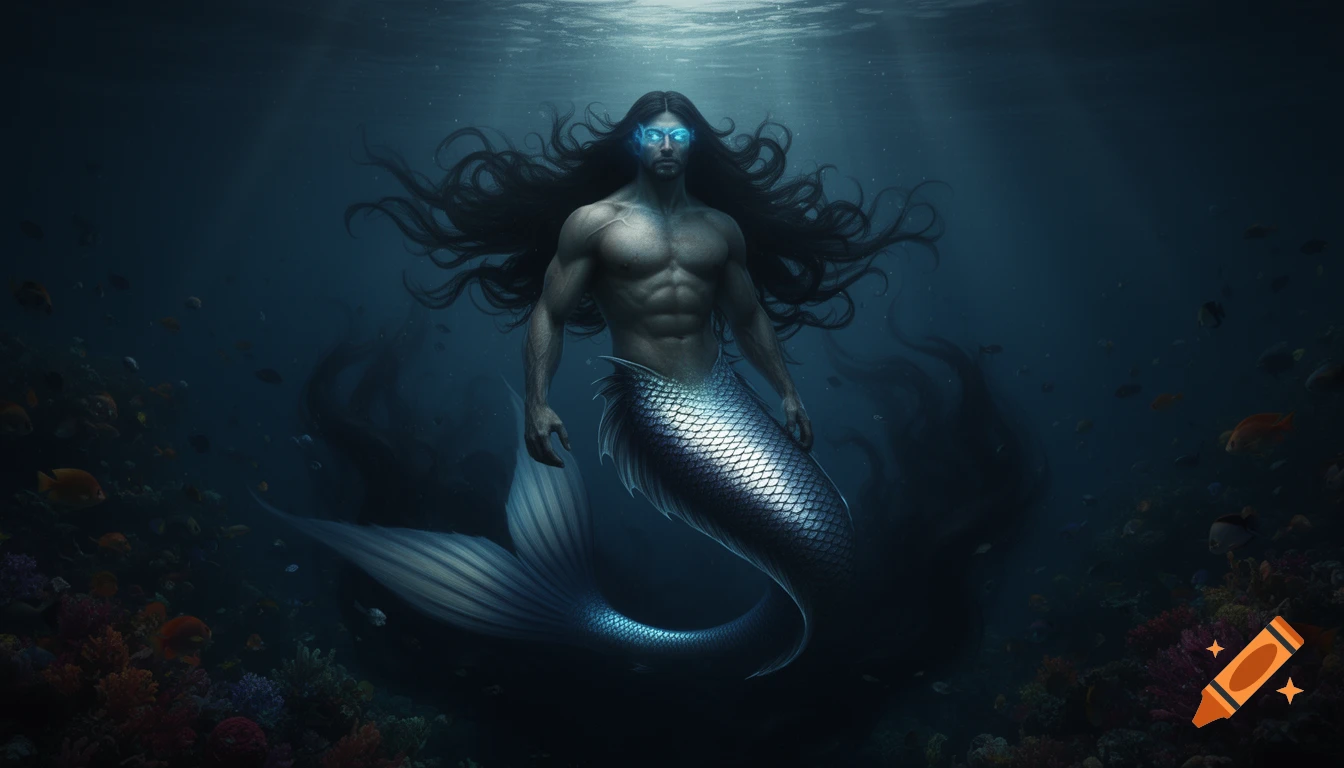 A colossal deep sea merman with long dark hair and glowing blue eyes rises from the dark ocean depths, surrounded by coral and fish.