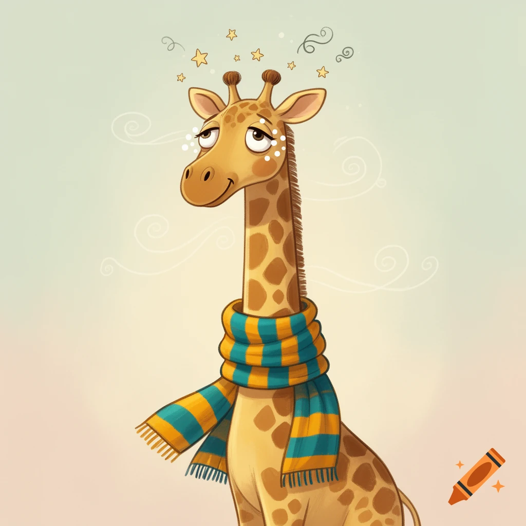 A cartoon giraffe with a long neck, wearing a blue and yellow striped scarf, with stars and swirls around its head.