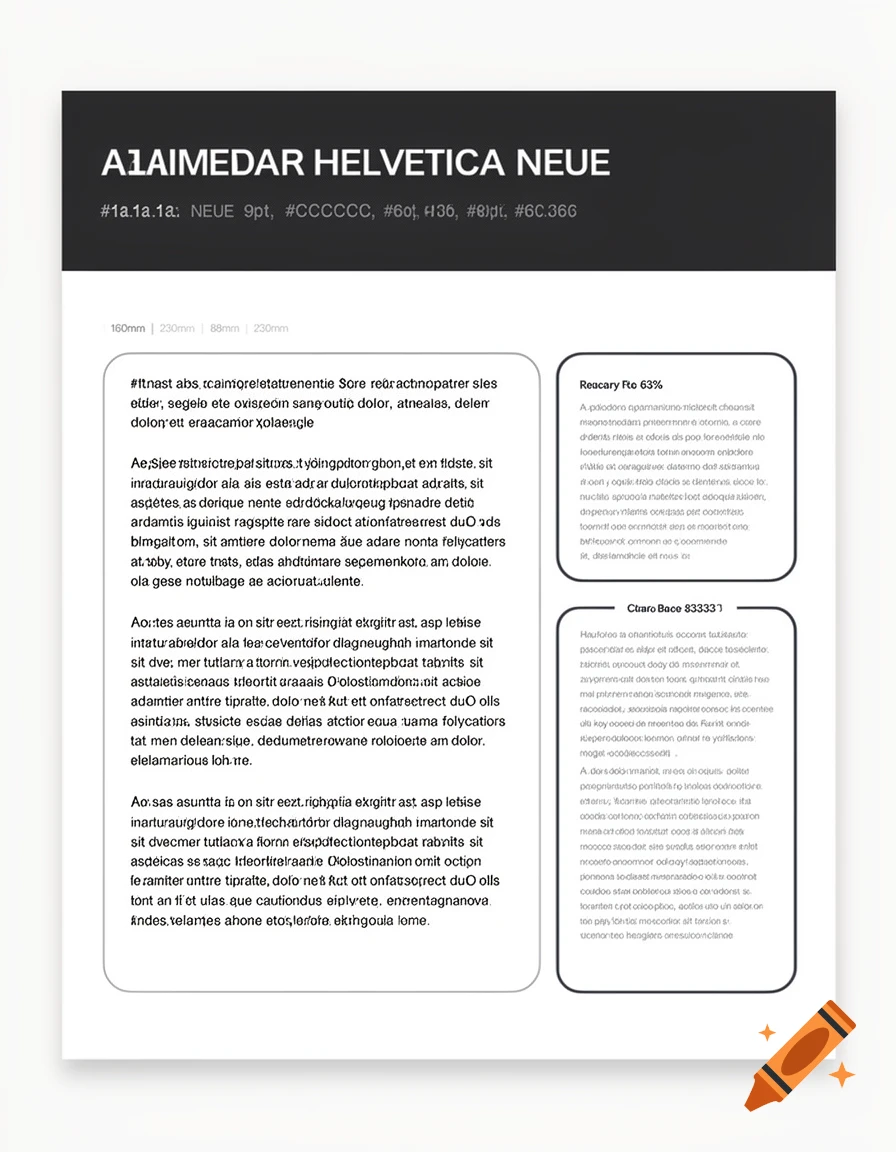 A clean document layout with a dark header displaying "A1AIMEDAR HELVETICA NEUE". The body contains two columns of placeholder text and two smaller boxes with additional text.