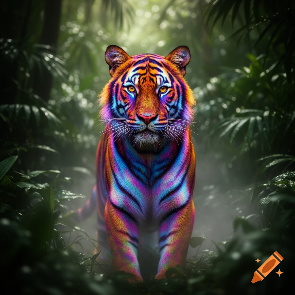 A vibrant, multicolored tiger with glowing eyes stands amidst dense green foliage in a misty jungle.