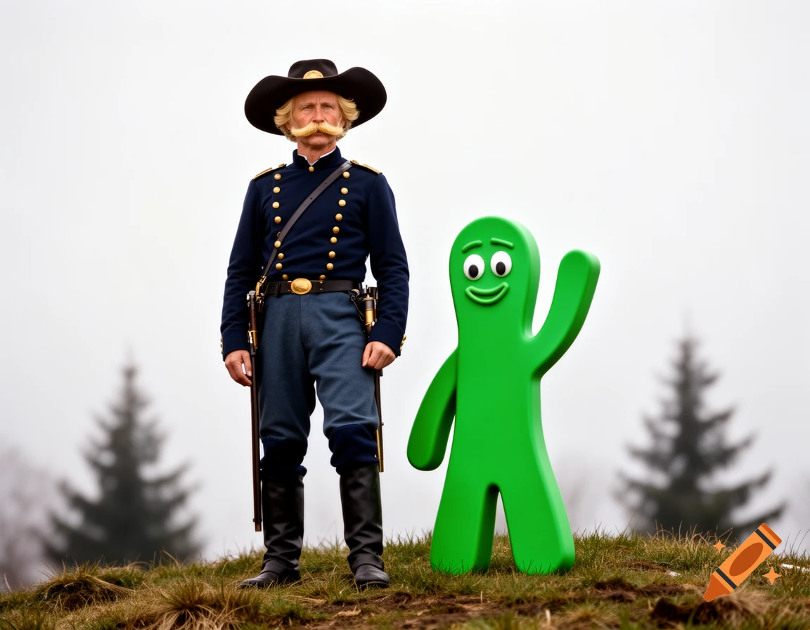 A photorealistic man resembling George Custer in a military uniform stands next to a bright green Gumby figure on a grassy hill.