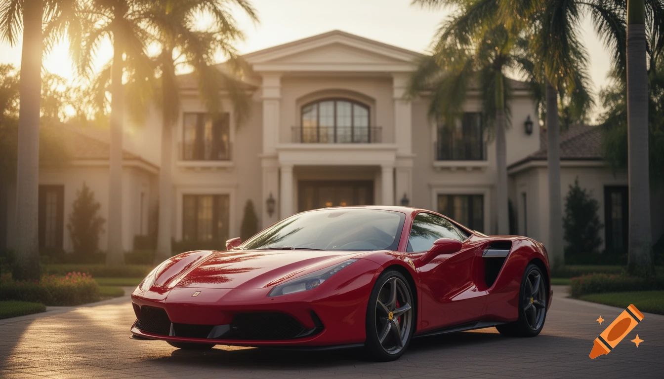 A glossy red luxury sports car parked on a paved driveway in front of an elegant mansion with palm trees at golden hour.