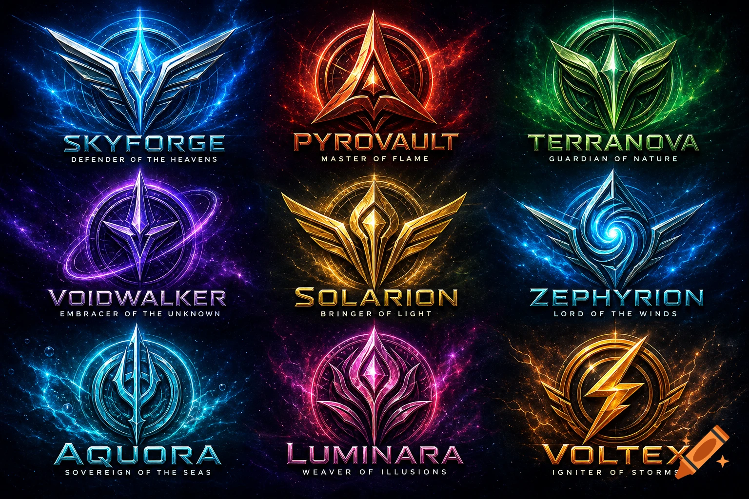 Nine vibrant, glowing sci-fi fantasy logos with unique symbols, names, and taglines, set against a dark, cosmic background.