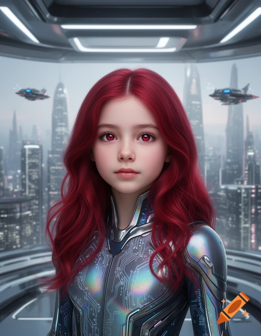 Photorealistic portrait of a girl with long red hair and red eyes, wearing a metallic futuristic suit, in a sci-fi city.
