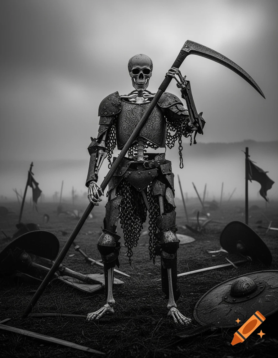 Photorealistic monochromatic image of a skeletal knight in rusted armor wielding a scythe on a foggy battlefield.