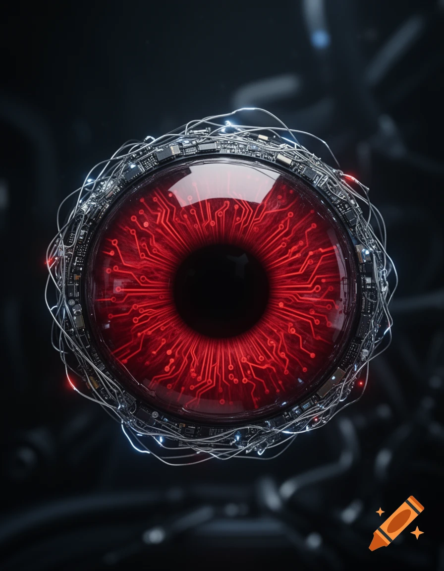 Close-up of a futuristic mechanical eye with a red circuit board iris and wires around its casing, on a dark background.