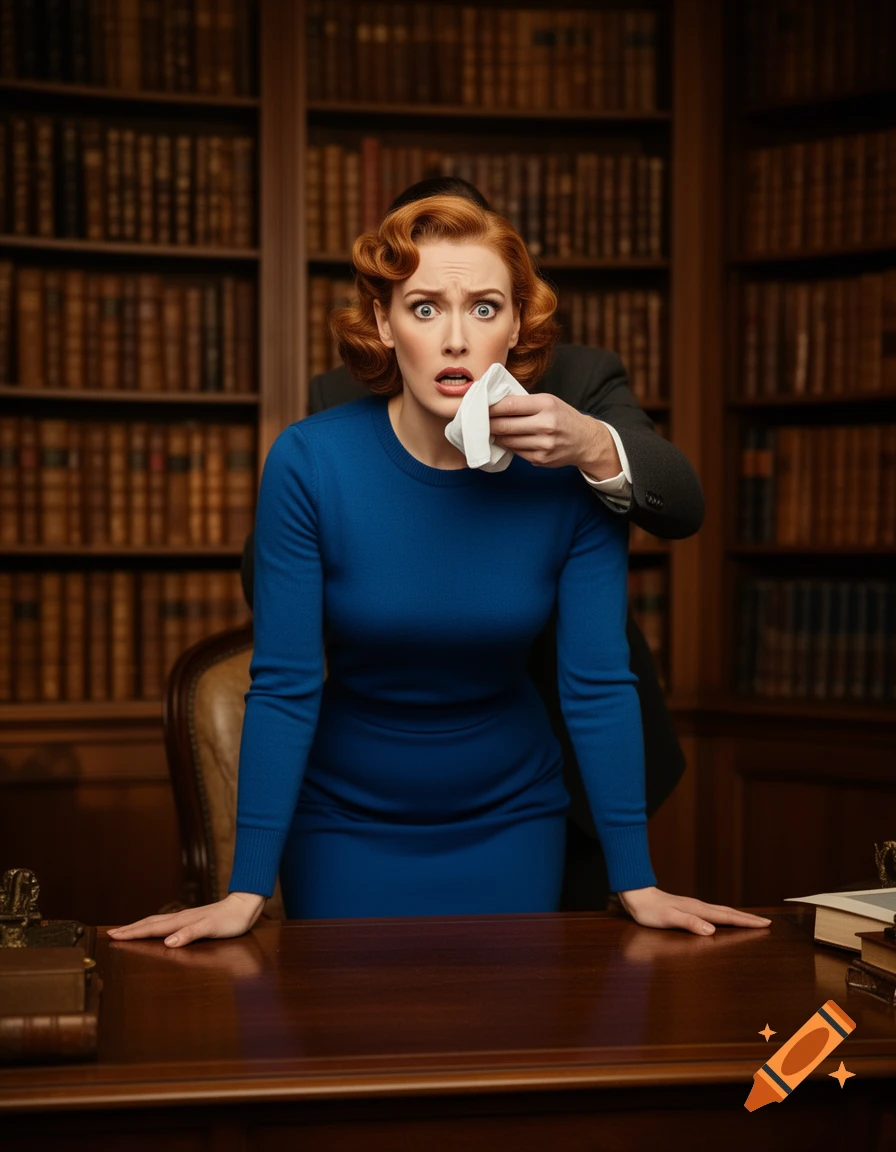 A red-haired woman in a blue dress with a shocked expression, standing at a desk in a library, as a hand holds a cloth to her mouth.