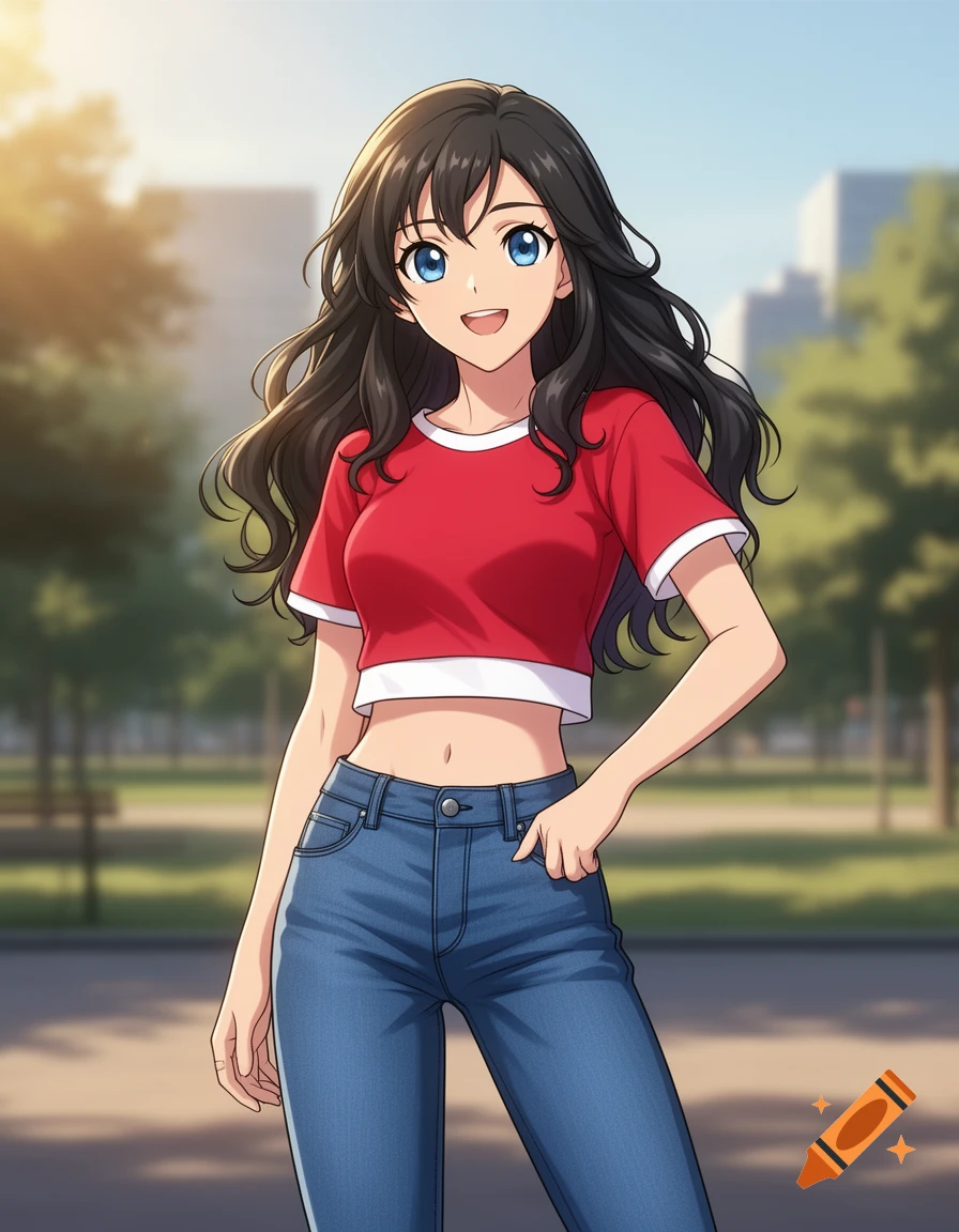 Smiling anime woman with dark hair and blue eyes, wearing a red crop top and blue jeans, standing in a sunny park.