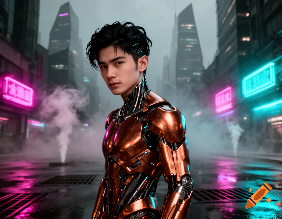 A cybernetic man with a handsome face and styled black hair stands in a misty, neon-lit cyberpunk city.