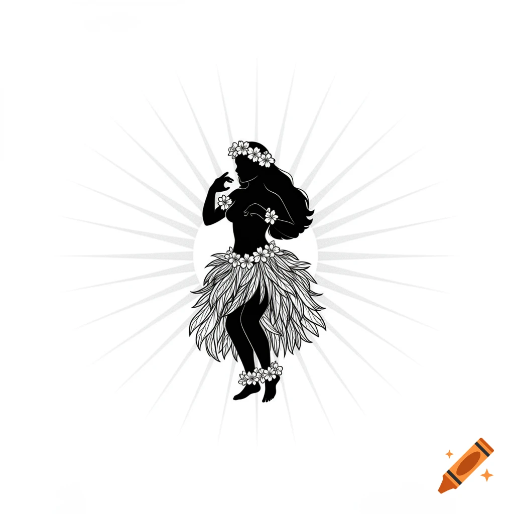 Minimalist black silhouette of a Hula dancer in a leaf skirt with flowers in her hair and on her wrists and ankles, set against subtle sun rays.