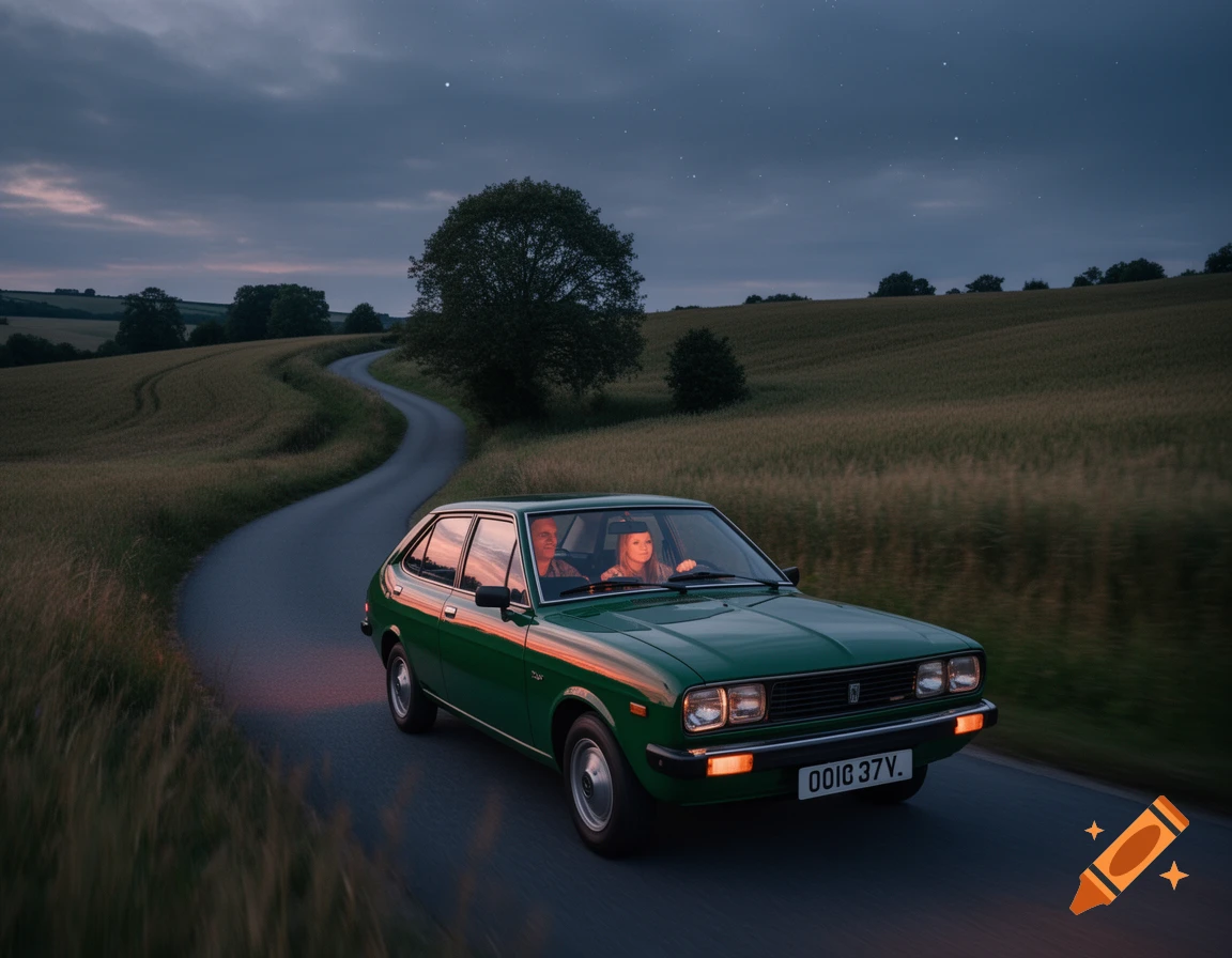 A green car with two people drives down a winding country road through fields at dusk.