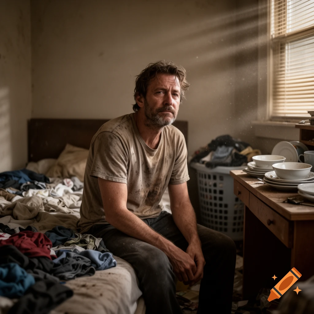 A dishevelled, bearded man sits on a messy bed in a dusty, dimly lit room, staring forward. Photorealistic style.