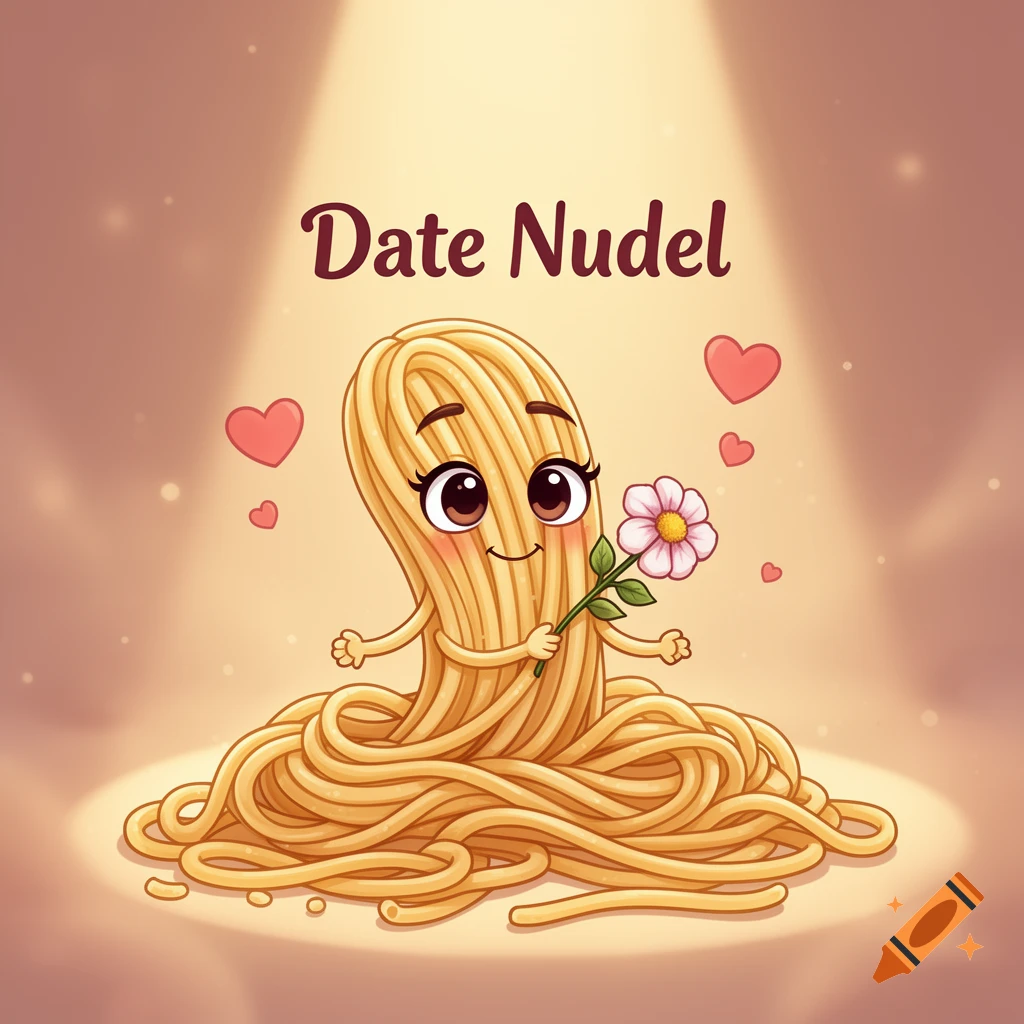 A cute cartoon pasta noodle character, named "Date Nudel", holds a pink flower, surrounded by hearts, under a spotlight.