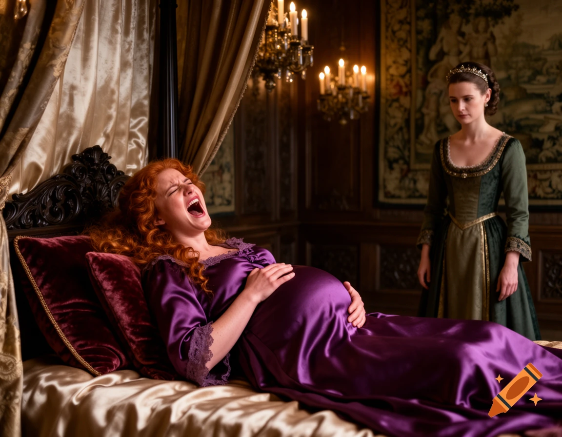 A red-haired pregnant woman in a purple gown screams in pain on a luxurious bed as another woman watches in a grand, historical bedroom.
