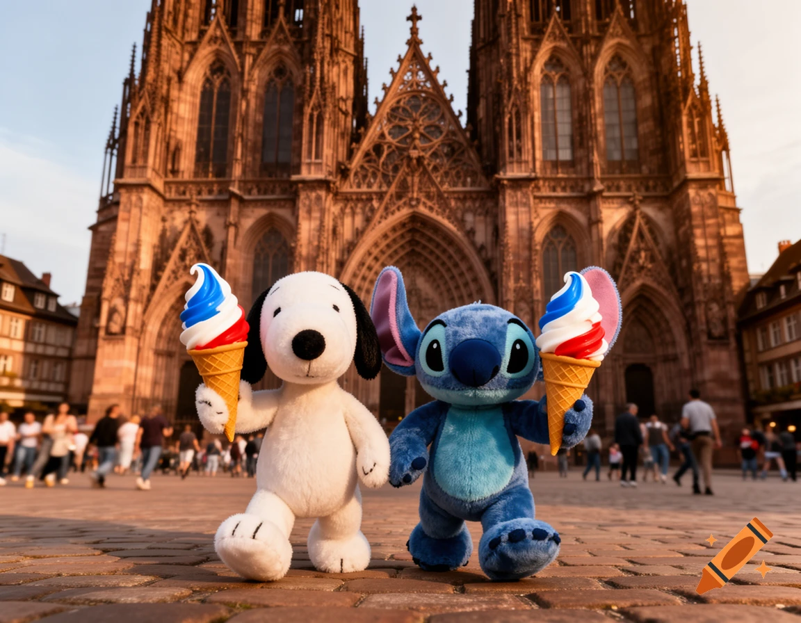 A plush Snoopy and Stitch hold red, white, and blue ice cream cones in front of the Strasbourg Cathedral.