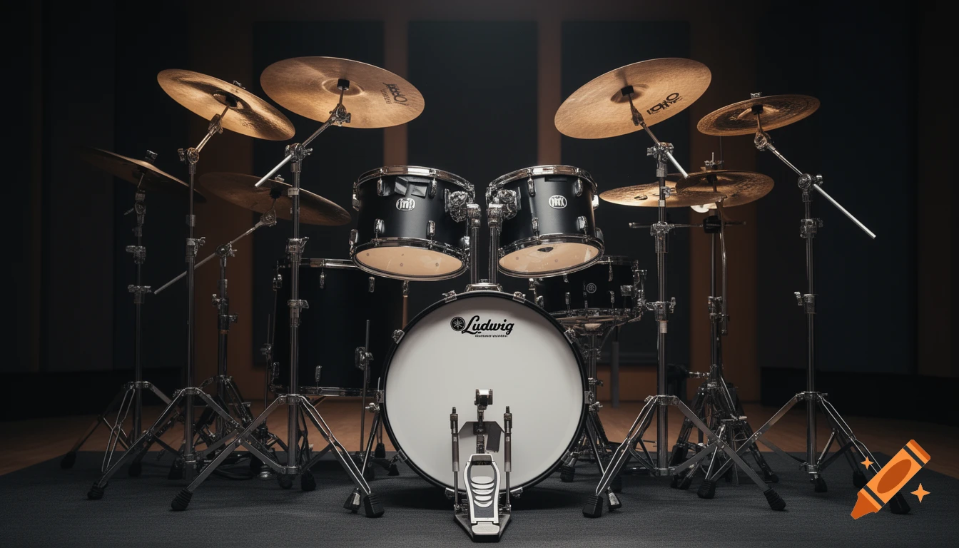 An ultra-realistic photograph of a professional black drum kit with numerous cymbals, set up in a dimly lit, minimalist recording studio.
