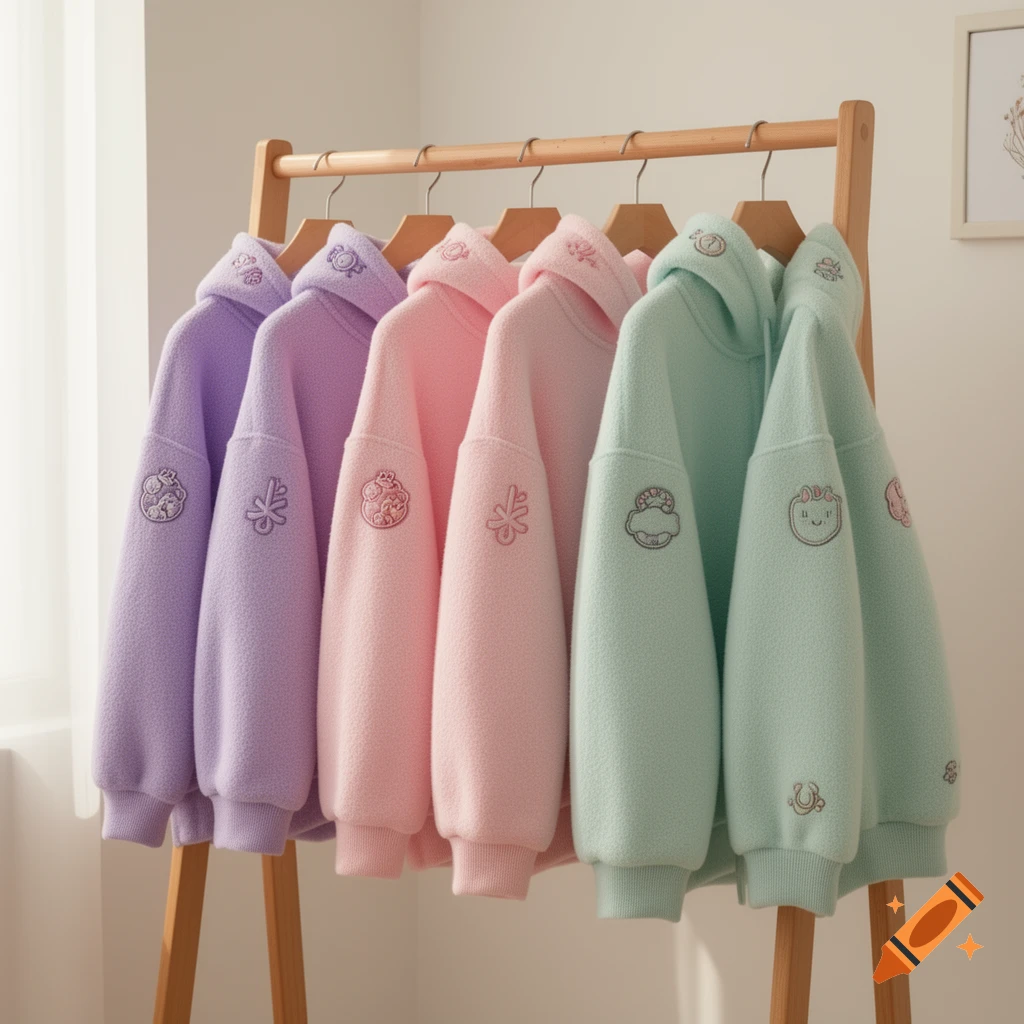 Six pastel-colored hoodies with cute embroidered designs hanging on a wooden clothes rack.