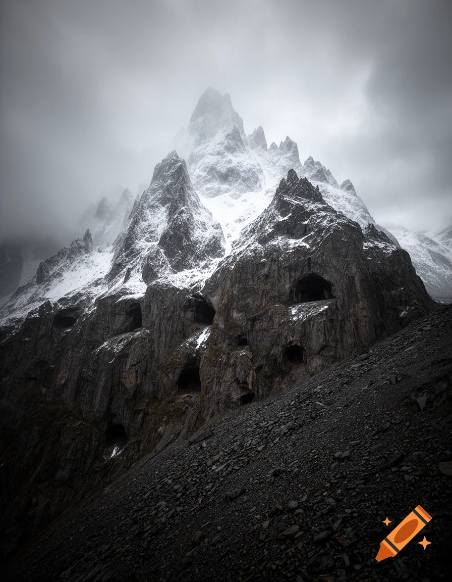 A dark, dreary mountain with a snow-capped peak and numerous caves carved into its rocky slopes under a cloudy sky.