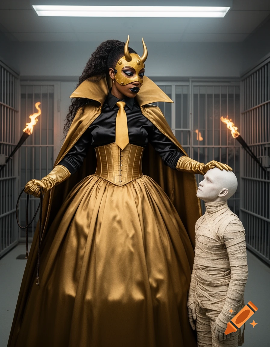 A woman in a golden horned mask and a lavish black and gold outfit holds a whip while caressing a pale, mummy-wrapped figure in a photorealistic prison cell block with torches.
