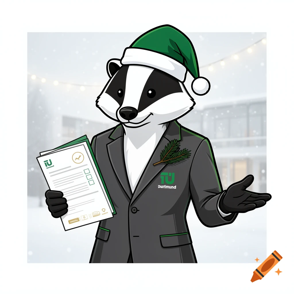 A friendly badger mascot named Dani wearing a green Santa hat, grey blazer with a green TU Dortmund logo, holding a document folder, against a snowy background.
