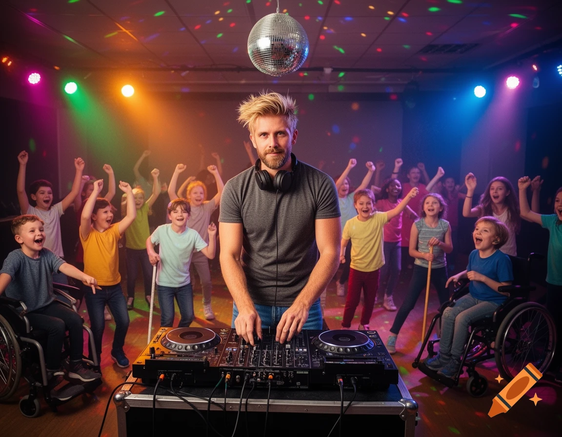 A male DJ plays music at a disco for a diverse group of children, some in wheelchairs, under a disco ball and colorful lights.