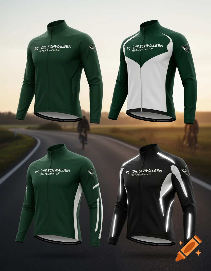 Four mockups of long-sleeved cycling jackets, two green, one green and white, one black with reflective strips, against a blurred road background.