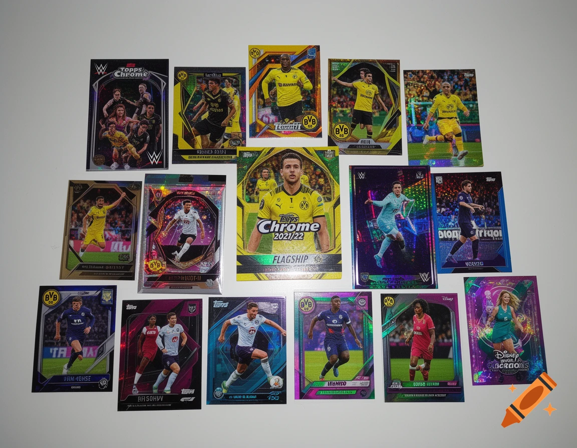 A flat lay photo of numerous sports and entertainment trading cards from various Topps and Daka sets, including WWE, BVB, and Disney, on a white surface.