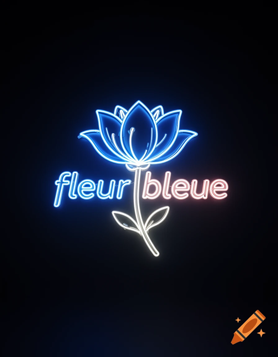 Neon outline of a lotus flower with glowing blue 'fleur' and pink 'bleue' text on a black background.
