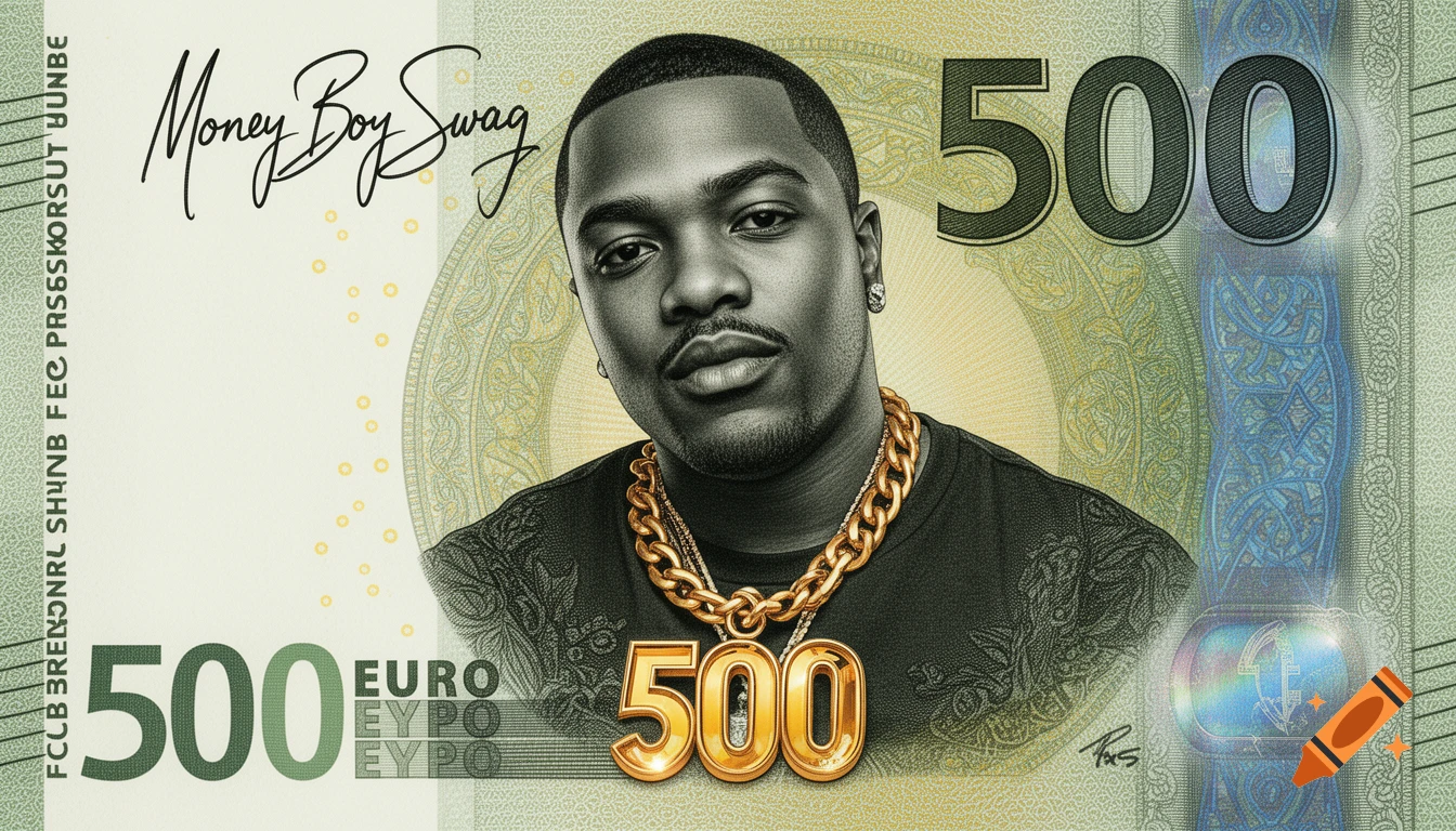 Rapper Money Boy on a 500 Euro banknote, wearing a gold '500' chain, with 'Money Boy Swag' signature.