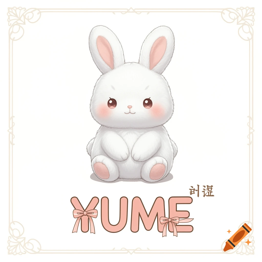 A fluffy white bunny with pink cheeks and ears sits centered in a decorative frame. Below it, the name YUME is written in a pink, stylized font with ribbons. Small brown Korean characters are to the upper right of YUME.
