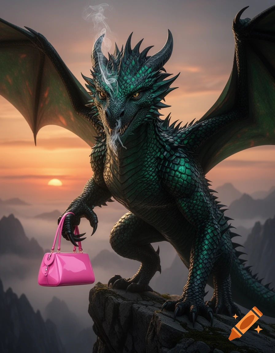 A detailed green dragon with large wings and horns perches on a mountain, holding a bright pink handbag at sunset.