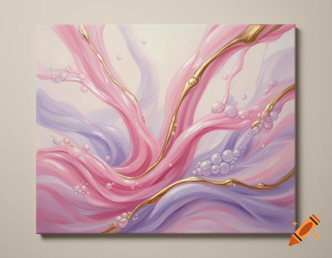 An abstract painting with swirling patterns of pink, light purple, and gold, featuring bubble-like formations.