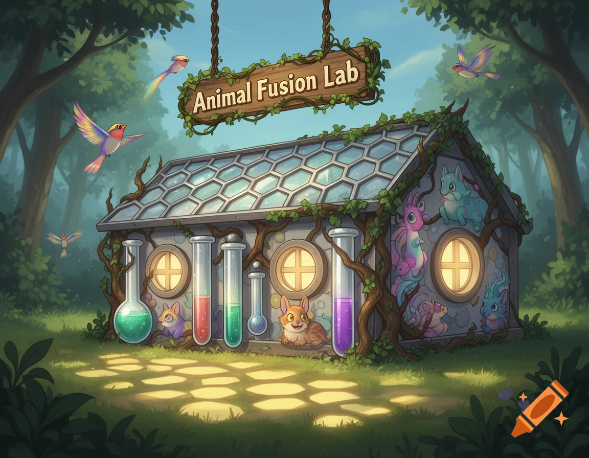 A whimsical, cartoonish 'Animal Fusion Lab' building in a forest, adorned with colorful test tubes and various cute, fantastical creatures.