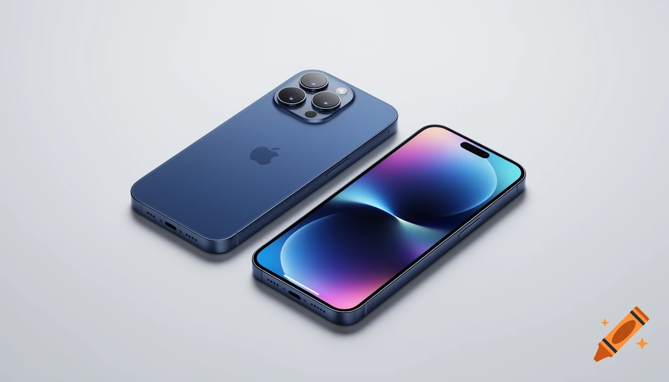 Two deep blue iPhones, one showing its back with a triple camera system and Apple logo, the other showing its front screen with a colorful wallpaper.