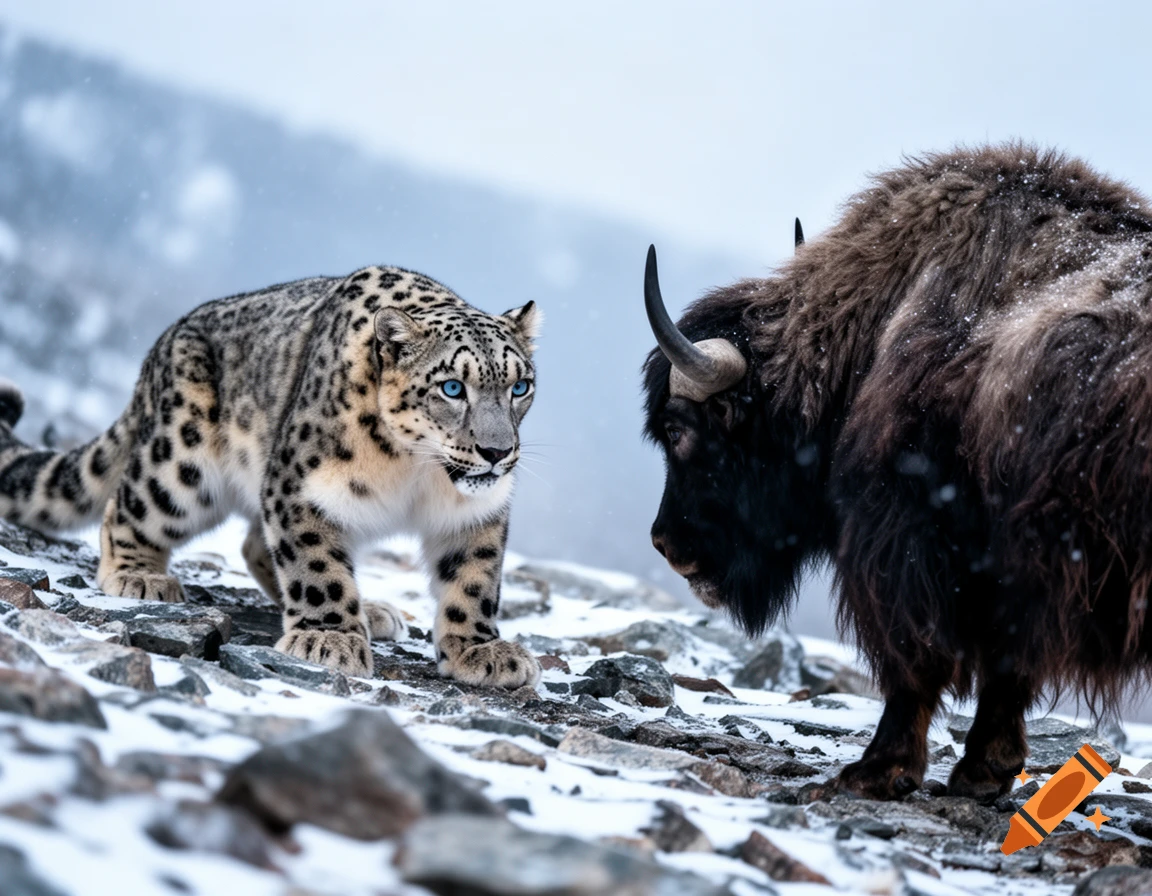 A photorealistic image of a snow leopard with bright blue eyes and a wild yak facing each other on a snowy, rocky mountain.