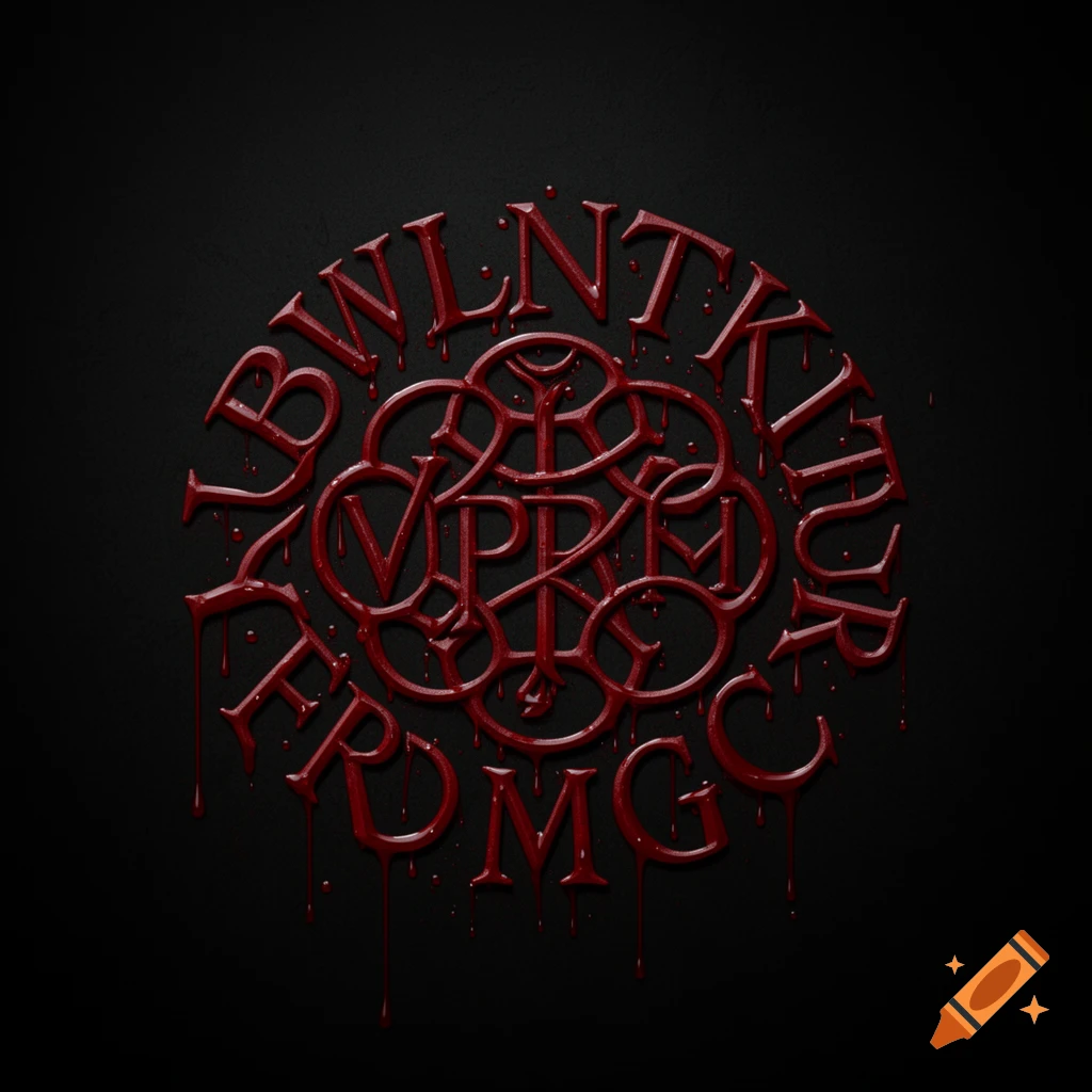 An intricate, dark red, stylized occult sigil glyph made from fused letters, resembling dripping blood on a black background.