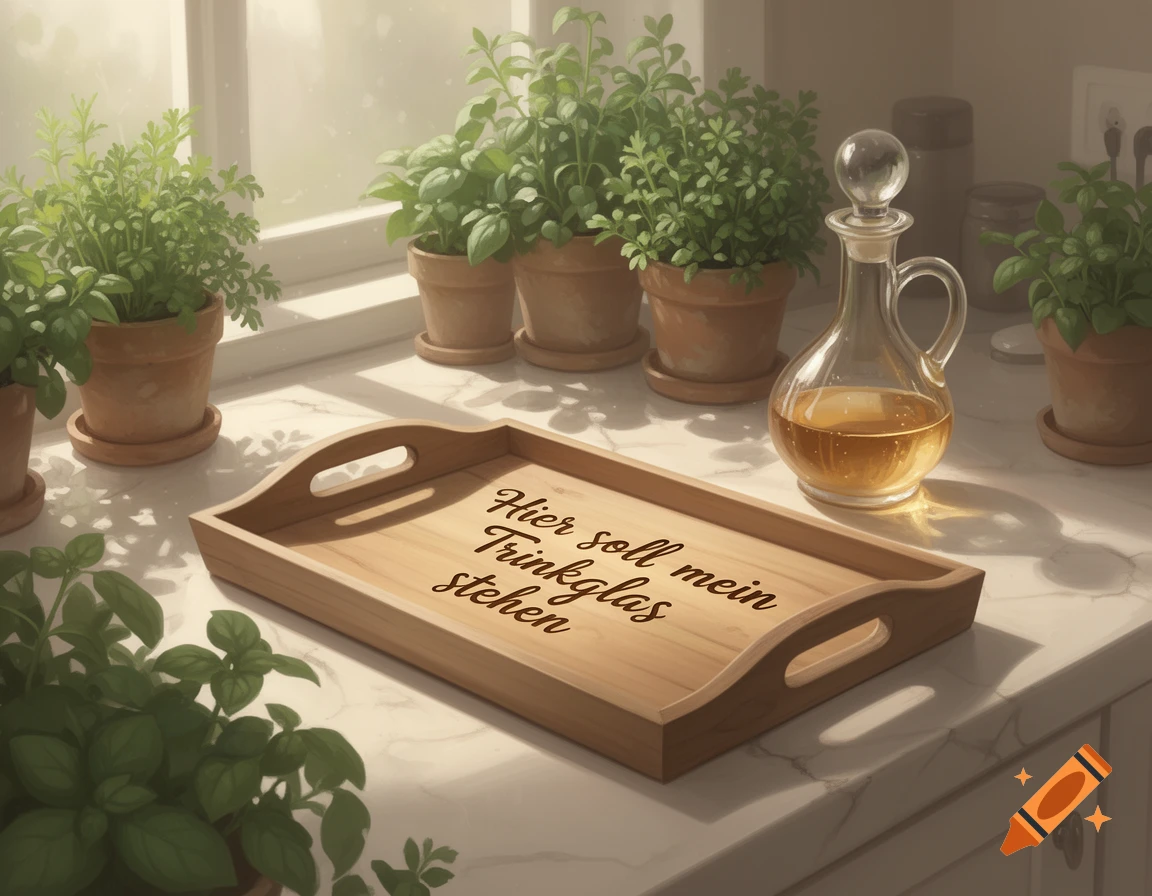 Sunlit kitchen counter with potted herbs, a wooden tray with German text "Hier soll mein Trinkglas stehen", and a glass carafe.