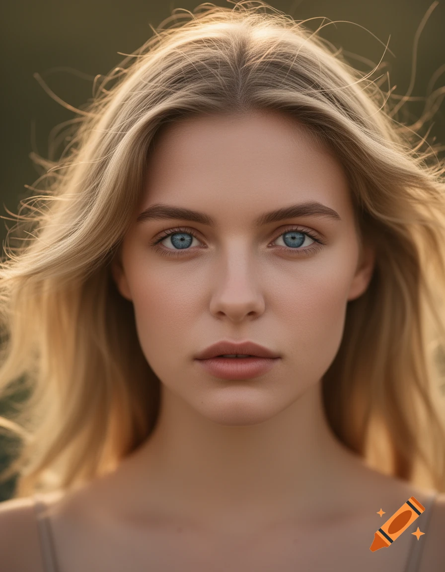 Close-up photorealistic portrait of a young woman with blonde hair gently blowing and piercing blue eyes.