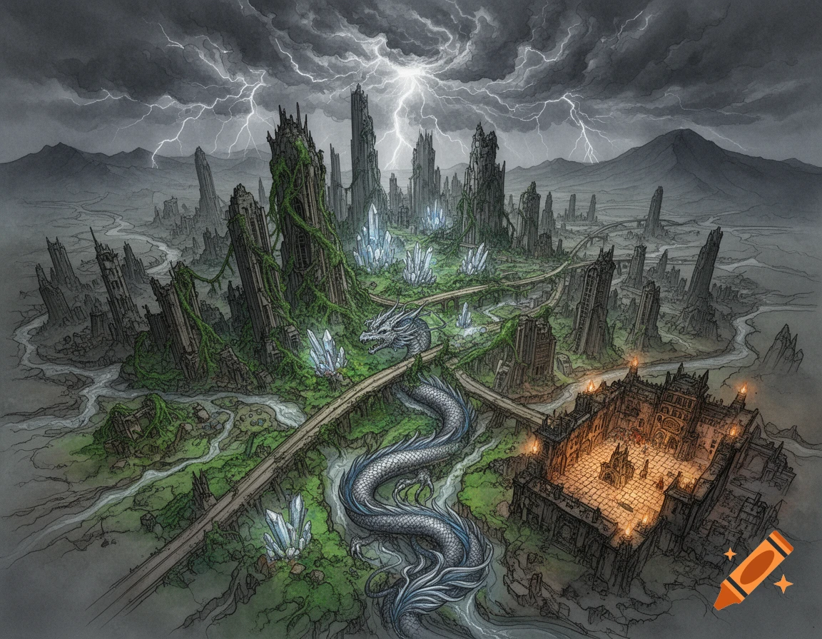 A fantasy map-like illustration of a post-apocalyptic city under a stormy sky with lightning, featuring a large dragon coiling through ruins and glowing crystals.