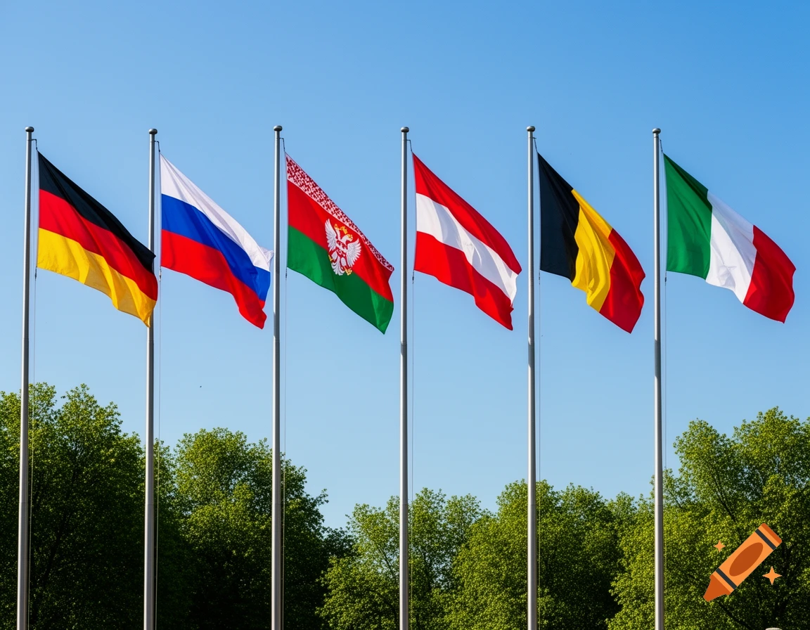 Six national flags from Germany, Russia, Belarus, Austria, Belgium, and Italy fly against a clear blue sky with green trees below.