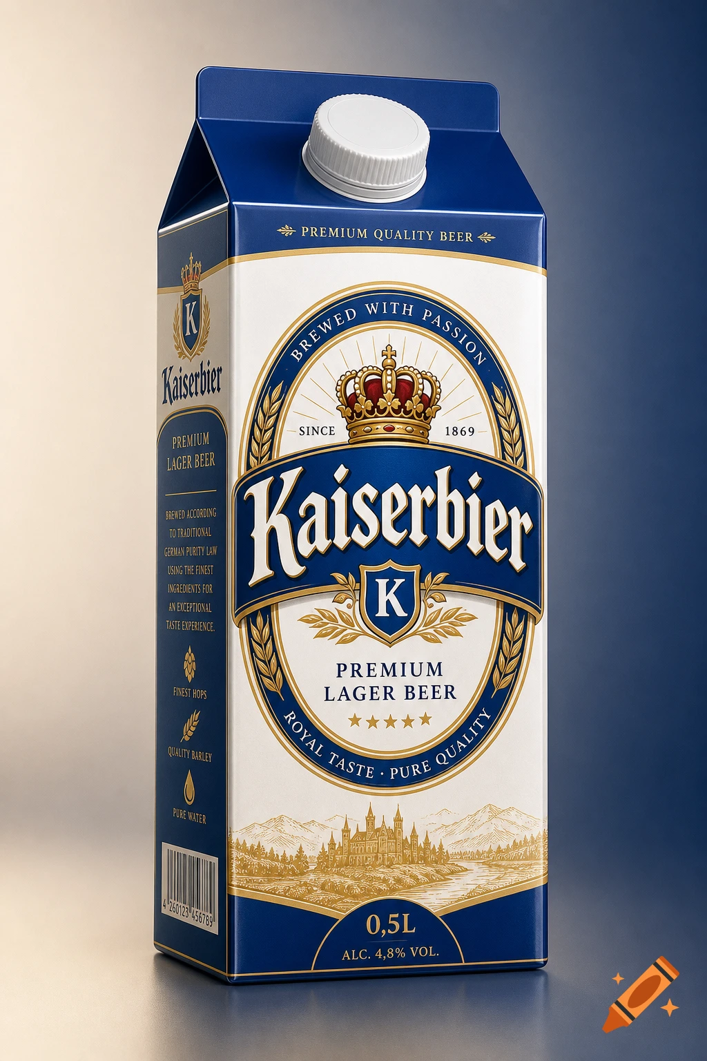 A photorealistic carton of Kaiserbier beer with a blue and white label, featuring a gold crown and text.