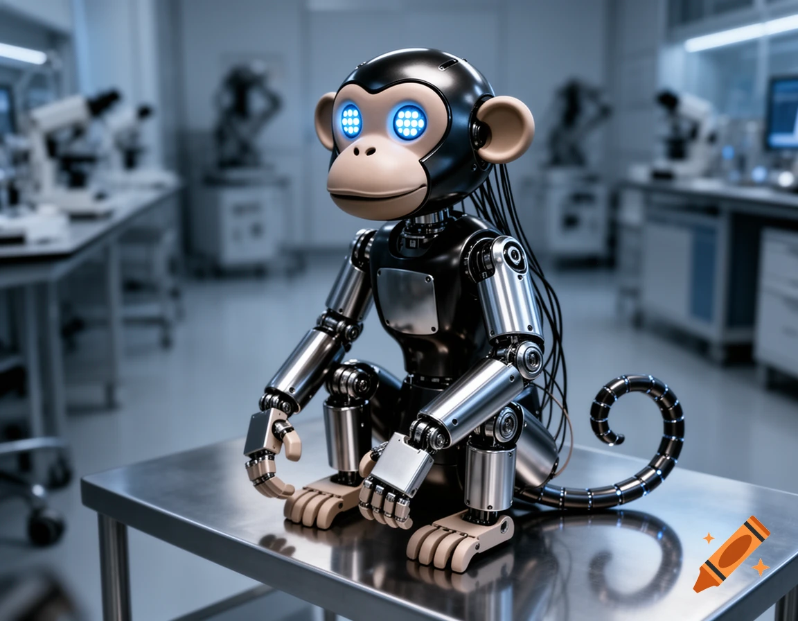 A detailed black and silver robot monkey with glowing blue eyes sits on a metallic table in a blurred science lab.