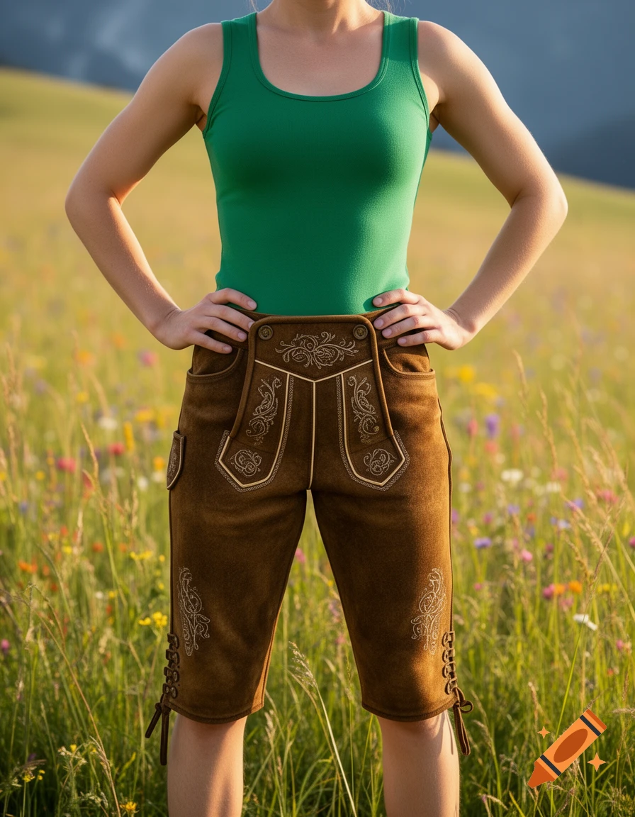 Person wearing a green tank top and brown embroidered lederhosen shorts stands in a sunny wildflower meadow.