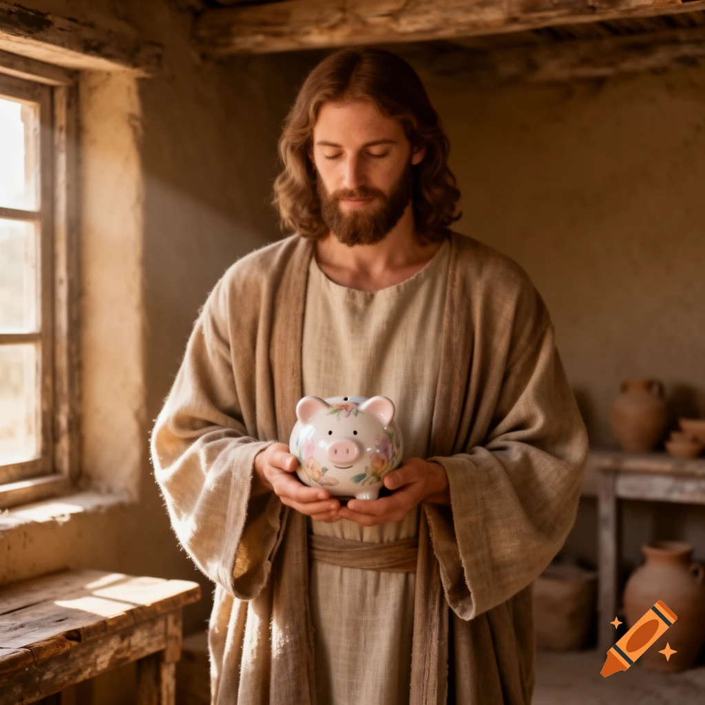Photorealistic image of Jesus in a sunlit room, holding a floral piggy bank.
